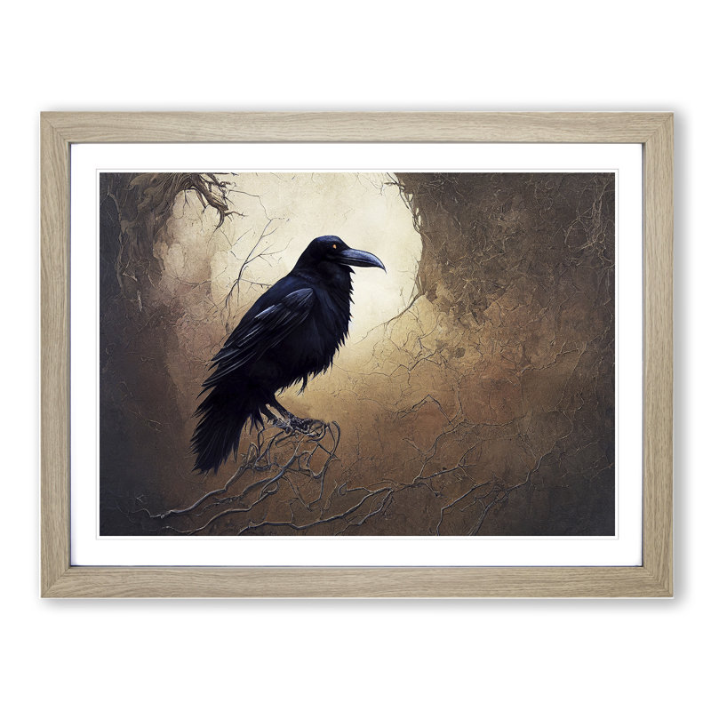 Mysterious Raven Bird - Single Picture Frame Print, 46cm H x 64cm W, Beige