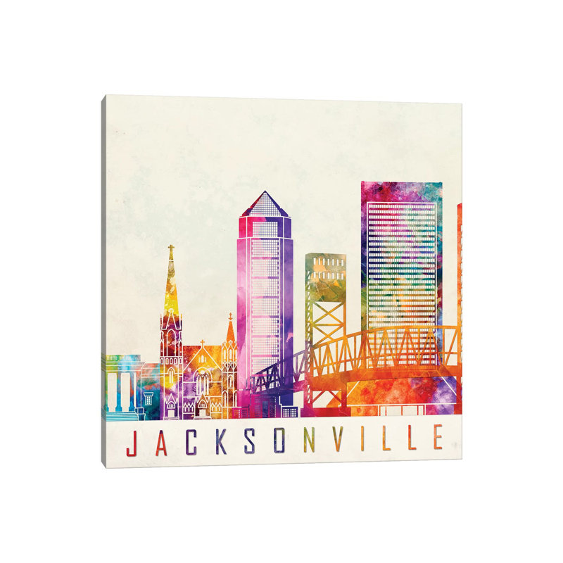 Jacksonville Landmarks Watercolour by Paul Rommer - Wrapped Canvas Painting, 45.72 cm H x 45.72 cm W