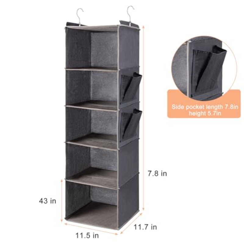 Organisateur de penderie et tablettes suspendues (5 tablettes suspendues avec 2 poches latérales), rangement pliable, paquet de 2, gris