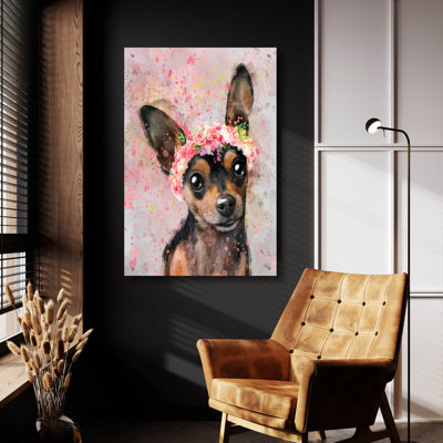 Art mural en verre épique «Flower Crown Miniature Pinscher» par Furbaby Affiliates