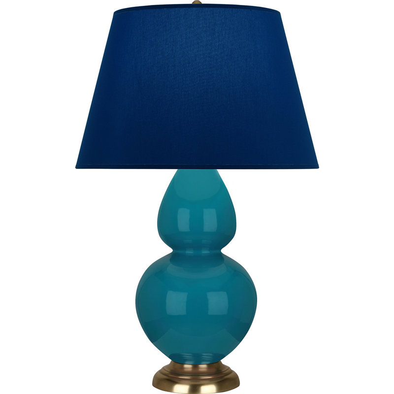 Lampe de table double gourde en céramique, Bleu marine/gris, Paon verni / laiton, Laiton