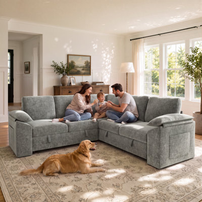 85.4" Sleeper Sectional Sofa with Pull-Out Bed, L-Shaped Couch with Storage Chaise for Living Room