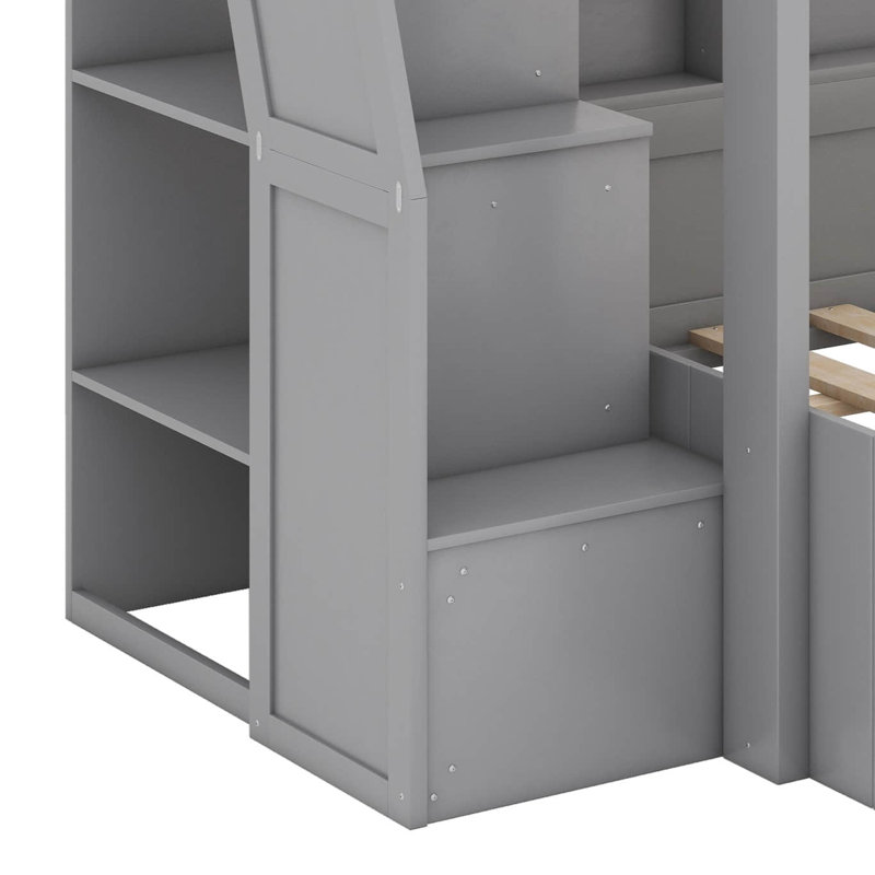 Twin Over Full Bunk Bed With Trundle & Storage Staircase, Full-Length Safety Rails, Storage Units & USB Ports, Gray