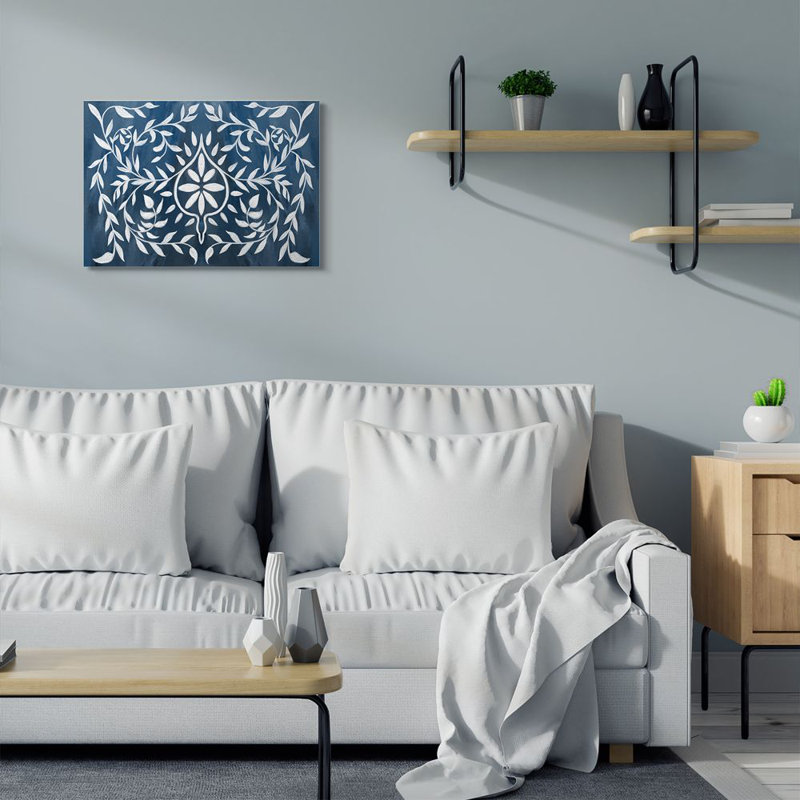 «Blue White Leaf Gilding Motif» par Daphne Polselli - reproduction d'art, Toile tendue, H 24 po x l 30 po