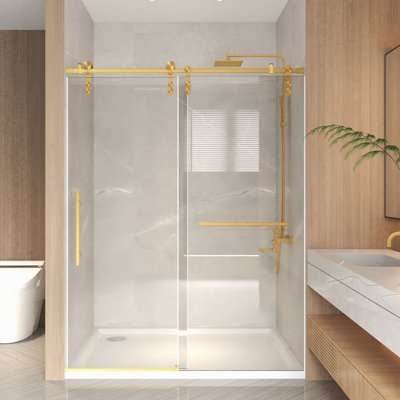 50-54" X 76" H Frameless Sliding Shower Door, 5/16" (8Mm) Clear Tempered Glass, Stainless Steel Frame,Brushed Gold
