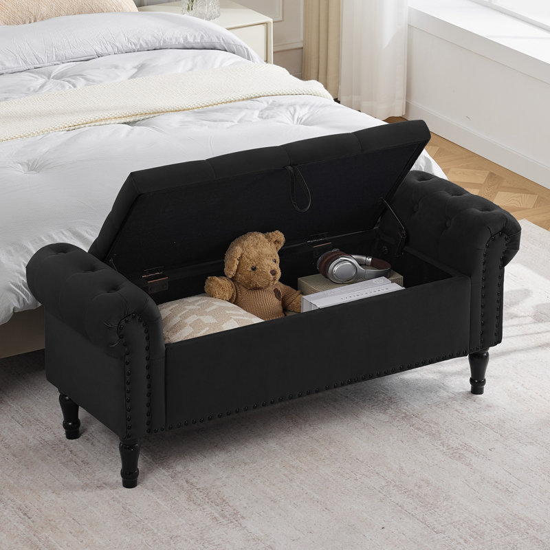 Lunara 51"Storage Bench for Bedroom End of Bed with Tufted Seat and Roll Nailhead Trims Arms, Velvet Black, 51''W