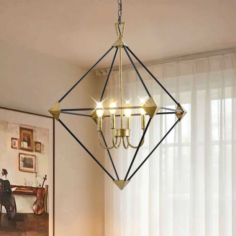 Luminaire suspendu cage en forme de lanterne géométrique à 4 lumières, noir et doré