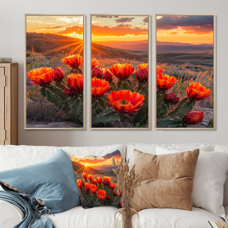 Cactus en fleurs au coucher du soleil II - art mural cactus - ensemble de 3, Érable, Impression encadrée sans passe-partout