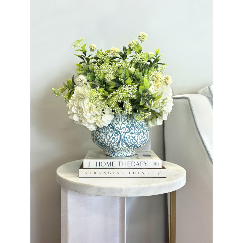 Messerly Hydrangea and Eucalyptus Faux Floral Arrangement, 13"H x 16"H x 16"D