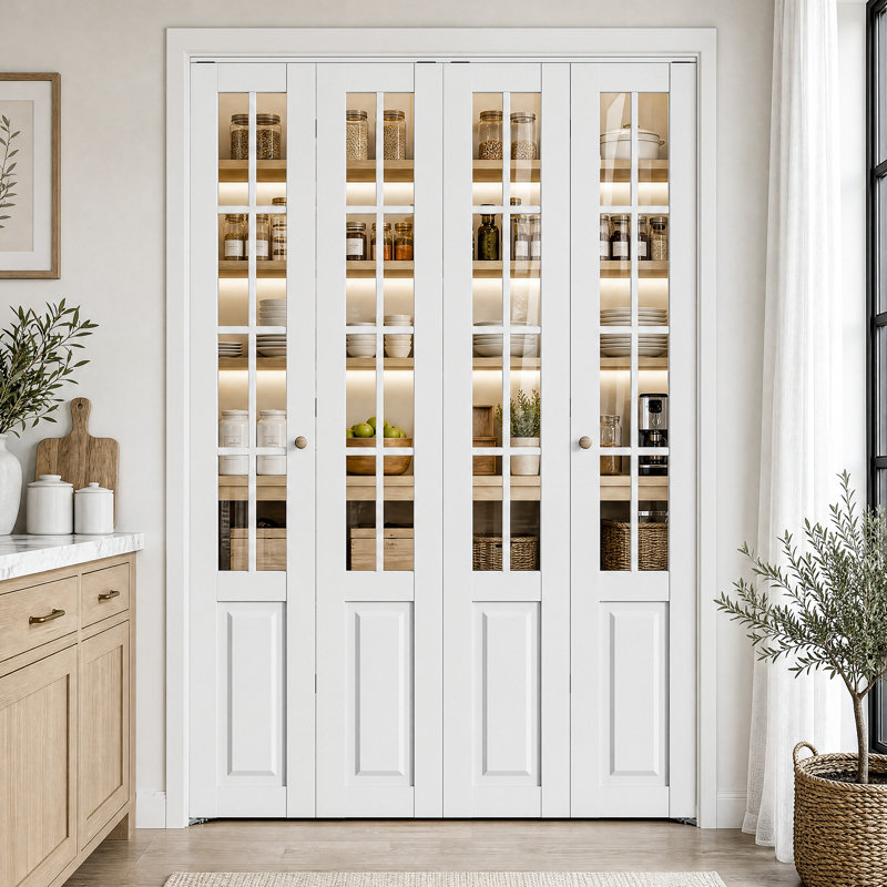 8-Lite Clear Glass and Solid Manufactured Wood Double Bi-Fold Doors with Installation Hardware Kit, 60" x 80"