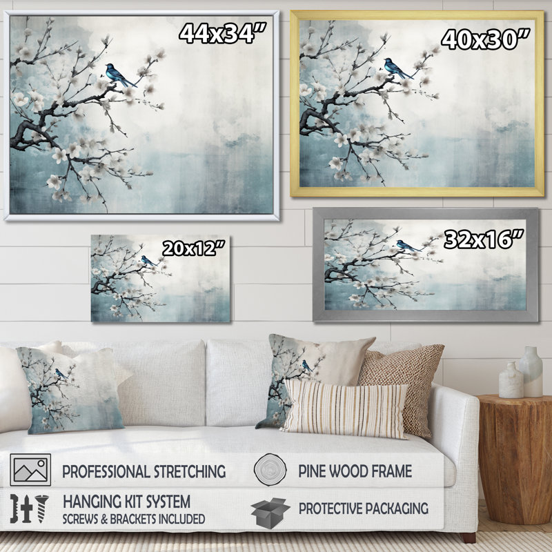 Art asiatique, Sumi oiseau sérénité, art asiatique, H 12 po x l 20 po x P 1 po, Cadre simple noir