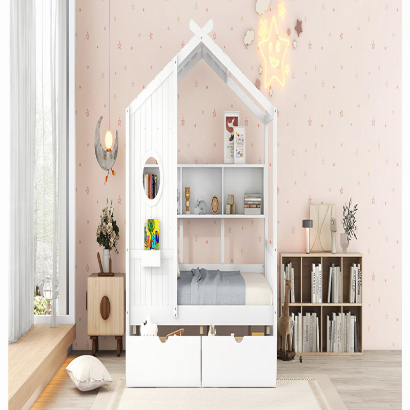 Lit double en bois avec 2 tiroirs, lit pour enfant avec tablette de rangement, maisonnette pour le plaisir et le confort