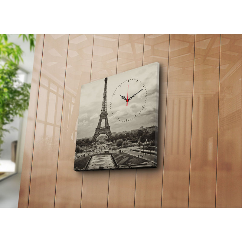 Horloge murale 17,7 po x 17,7 po Elegant Toile 100% suède avec cadre 100% bois (épaisseur: 1,2 po) | Décoration élégante pour le salon et le bureau, design intemporel et art fonctionnel