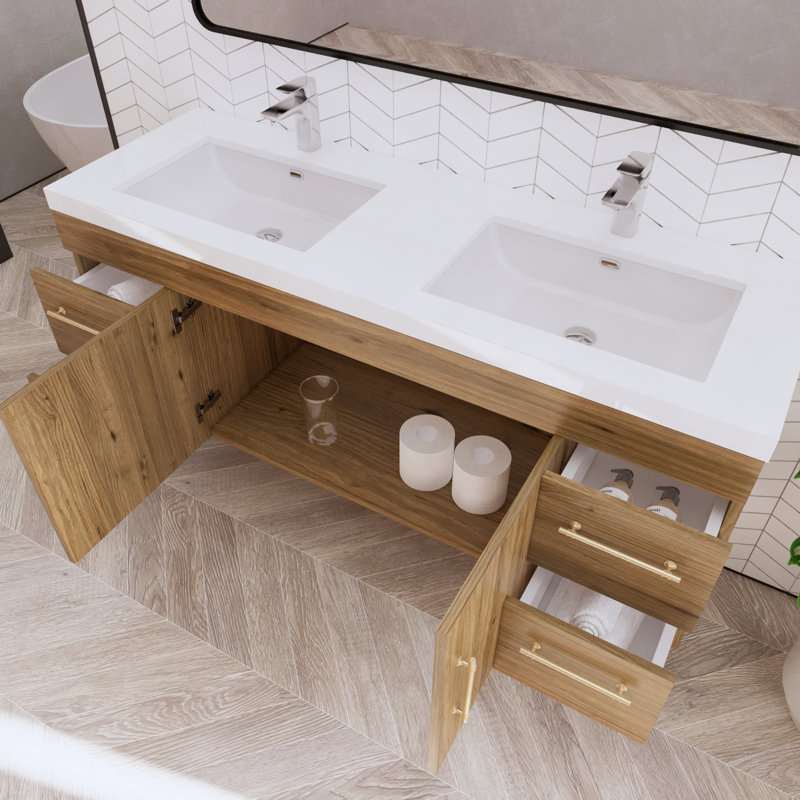 59" Wall-Mounted Single Bathroom Vanity Set, Natural Oak