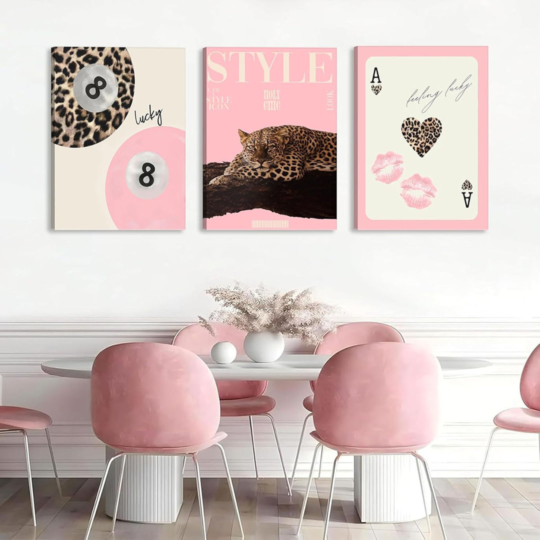 3Pcs Trendy Pink Leopard Wall Art Preppy Leopard Lucky 8 Ball Poster Printing Artwork Y2k Coquette Funky Cheetah Aesthetic Room Decoration for College