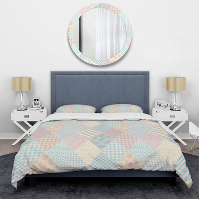 Ensemble de housse de couette multicolore à patchwork en microfibre rose / bleu