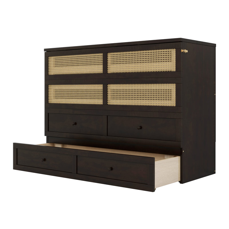 Structure de lit murale en bois massif avec tiroirs de rangement et tête de lit en rotin, Espresso