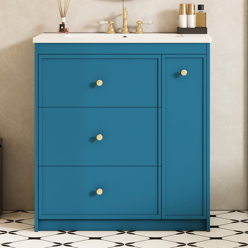 Meuble-lavabo autoportant de 30 po avec lavabo simple en céramique et tiroirs