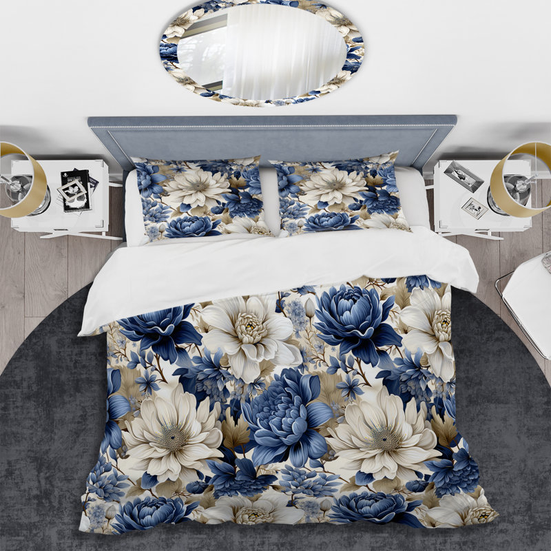 Ensemble de housse de couette à motif floral bleu rustique à motif floral I, Housse de couette pour très grand lit et 2 très