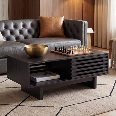 Meuble télé Mid-Century moderne en bois, console multimédia avec porte d'armoire à lattes et tablette de rangement ouverte pour le salon