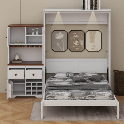 Grand lit escamotable avec armoire de rangement, support à vin, porte-verre, tiroirs et bande DEL multicolore