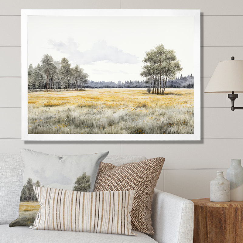 «Meadow Scenery Minimalisme II», reproduction sur toile, Cadre simple blanc, H 24 po x l 32 po x P 1 po