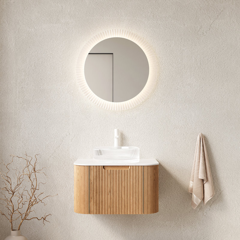 Meuble-lavabo mural de 24 po avec lavabo en cristal, armoire naturelle, facile à entretenir, lavabo de conception moderne, tiroir, grand espace de rangement