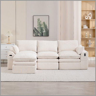 L Shaped Compressed Modular Sectional Sofa Modern Corduroy Upholstered Boneless Couches with Movable Footstool,With Three Pillows and Two Lumbar Pillows,Detachable Cloud Seat Cushions