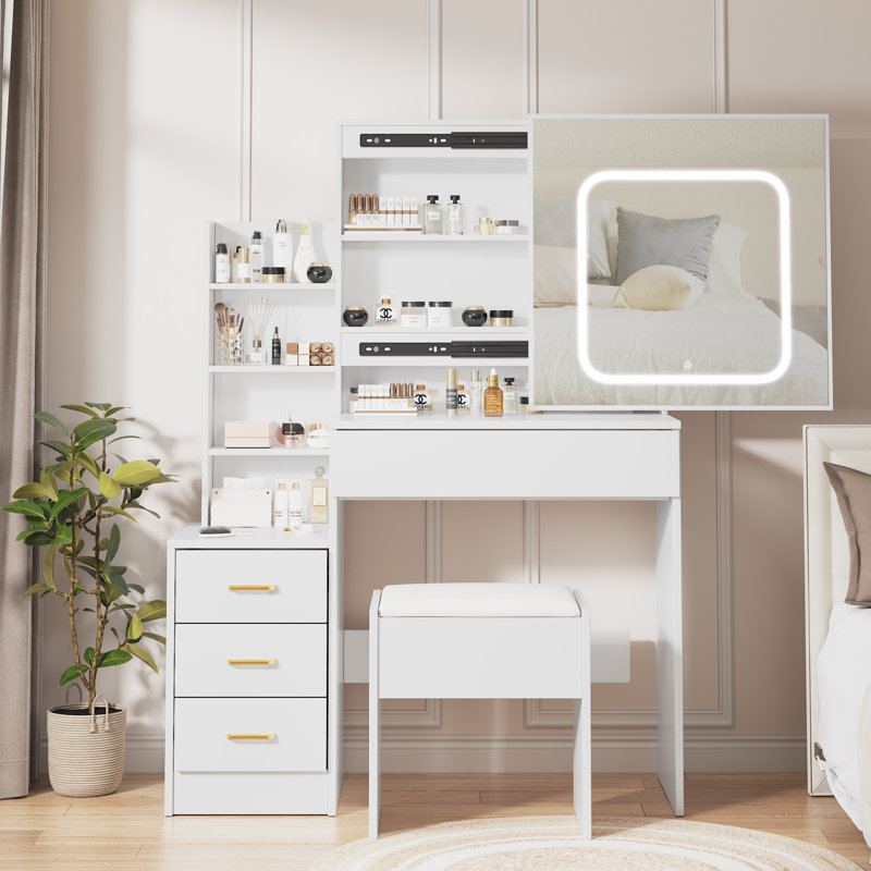 Meuble-lavabo avec miroir coulissant à DEL, coiffeuse à maquillage avec 4 tiroirs, étagère de rangement, prise de courant et tabouret rembourré, 3 modes d'éclairage réglables, ensemble de meuble-lavabo moderne pour la chambre à coucher, blanc