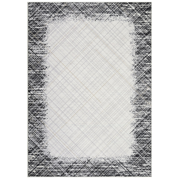 Machine Washable Rug with Rubber Backing for Living Room Abstract Non-Slip Dining Room Rug Bordered Printed Faux Wool Rugs for Bedroom Floor Carpet for Office Nursery Playroom