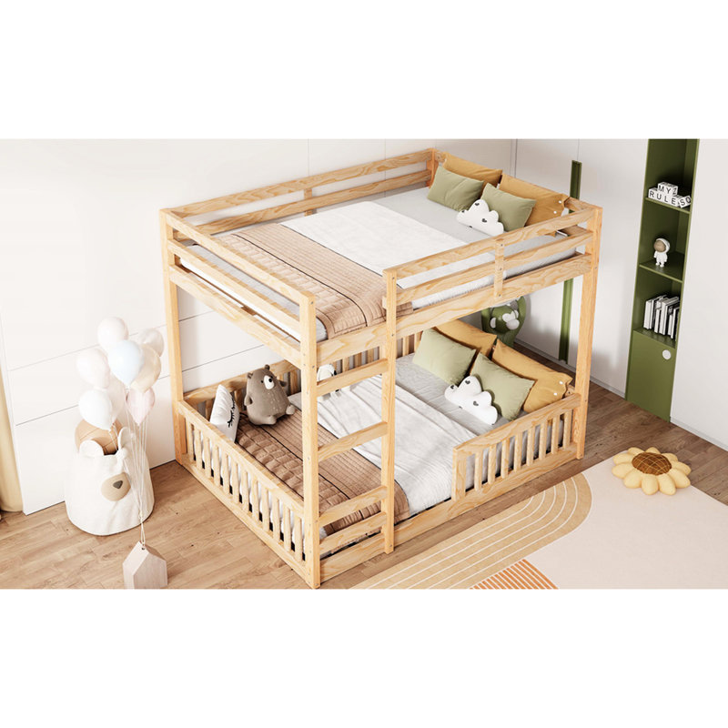 Lit superposé double en bois naturel avec garde-corps - Structure solide en pin, solution d'espace, haute compatibilité, aucun sommier requis