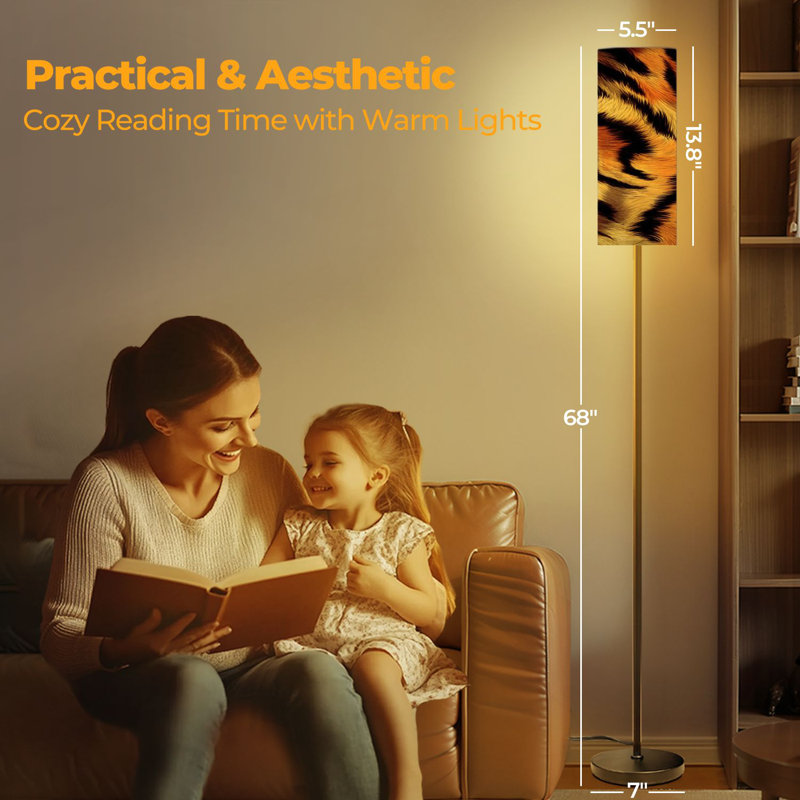  68.5" Standing Floor Lamp Tiger Skin Exotic Texture Animal Dimmable Metal Pole Lamp with Linen Lampshade LED Bulb Included