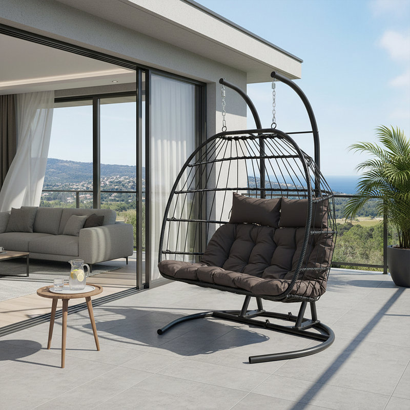 2-Seater Swing Hanging Egg Chair with Metal Stand, Black, 129cm 61cm