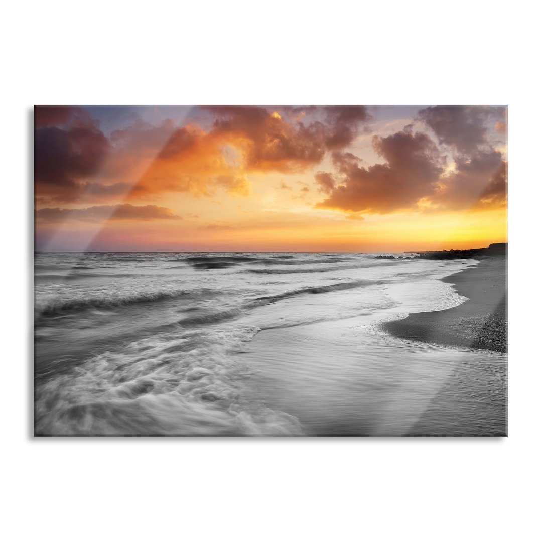 Glasbild | Wandbild Auf Echtglas | Strand Mit Sonnenuntergang |Inkl. Aufhängung Und Abstandshalter LF5176