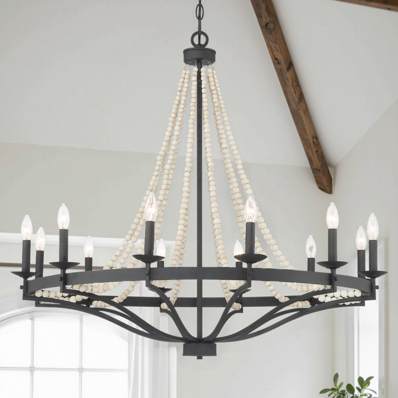 Mattheo 12 - Light Dimmable Wagon Wheel Chandelier with Decorative Wood Beads, Ivory/Black
