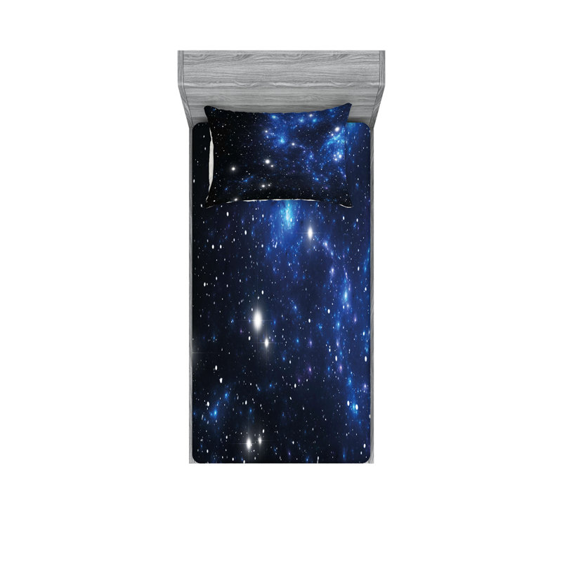 Drap-housse et coussin décoratif Ambesonne Constellation, bleu noir blanc, Ensemble de draps pour lit simple + 5 pièces supp