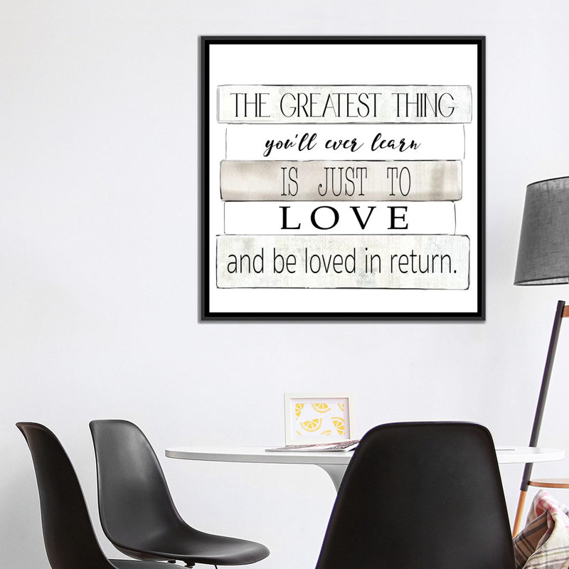 «The Greatest Thing», art textuel sur toile, H 18 po x l 18 po x P 1,5 po, Toile encadrée noire, Pas de tapis