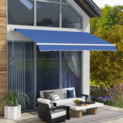 Dark Blue Retractable Awning, 12' X 10', 280G/M & Water- Fabric, Manual Crank, Aluminum Frame For Various Surfaces 10' Balcony Awning , Deck, Yard,