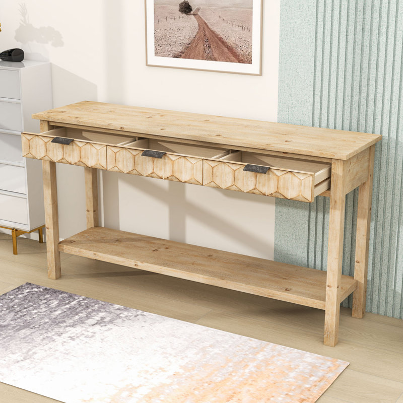 Console avec 3 tiroirs et pieds en sapin massif, Naturel
