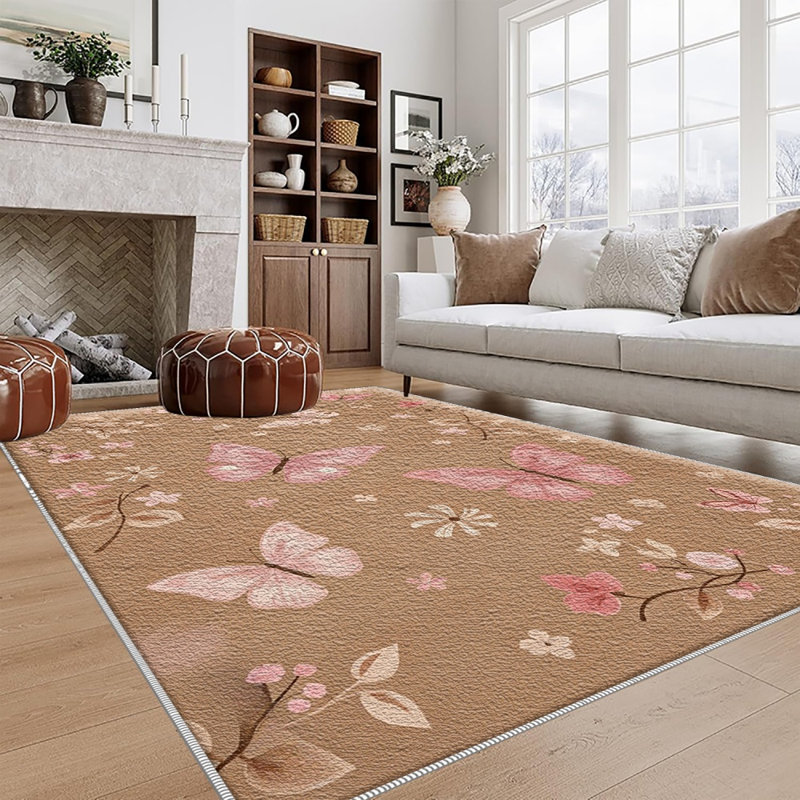 Warm Brown Pink Butterfly Carpet-waterproof, easy to clean, machine-washable, soft and comfortable; suitable for door mats, kitchens, living rooms, bedrooms, corridors, and laundry areas. Easy to clean, durable carpet for home decoration.