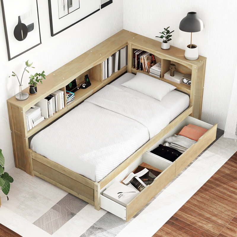 Lit de jour en bois massif avec deux tiroirs de rangement, armoires de rangement et ports USB, Naturel