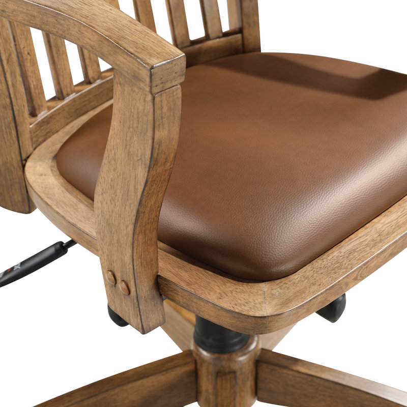 Adjustable Fruitwood Swivel Banker's Chair with Black Vinyl Seat