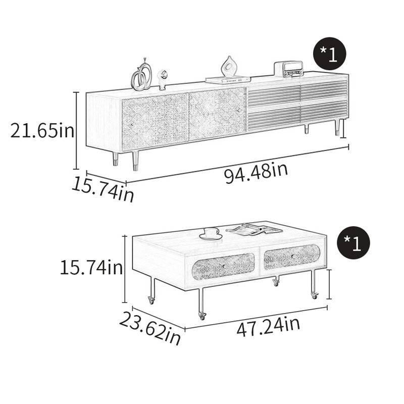 Combinaison de table basse et de meuble télé de style américain, Brun-roux