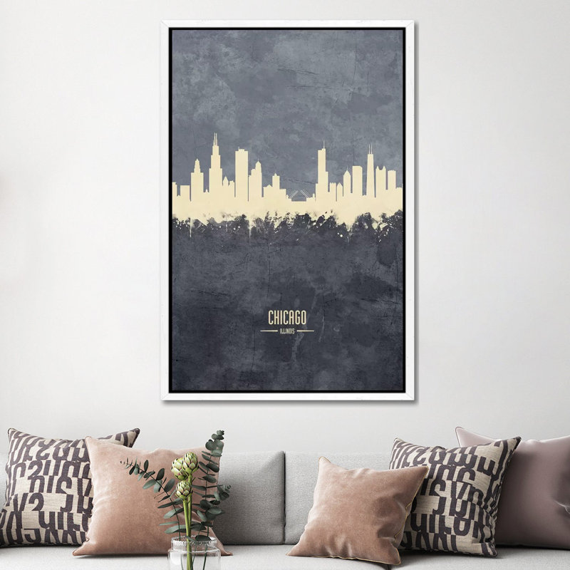 Chicago Illinois Skyline Grey by Michael Tompsett - 1 Piece Wall Art on Canvas, 152.5 cm H x 101.5 cm W, White Framed