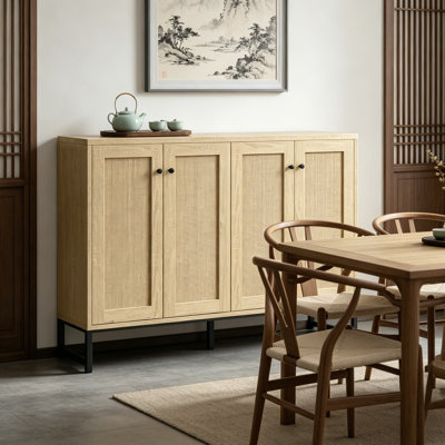 Sideboard Accent Storage Cabinet With Rattan Decorated 4 Doors, Freestanding Buffet Table For Dining Room, Kitchen, And Entryway, Natural