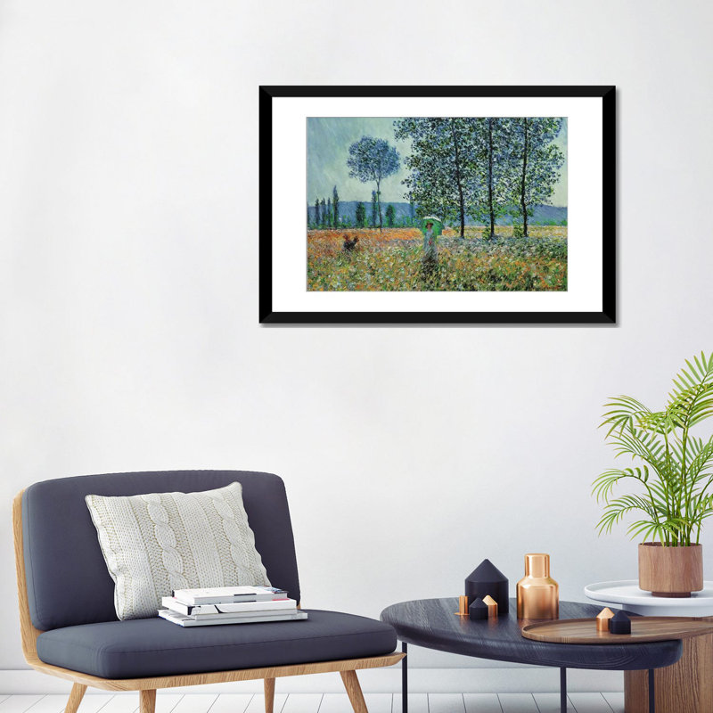 « felder im frühling » par claude monet, impression sur toile, H 24 po x l 32 po x P 1 po, Papier avec cadre noir, Blanc