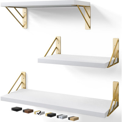 Bayka Wall Shelves For Bedroom Decor, Floating Wall Shelves For Living Room Kitchen Storage, Wall Mounted Rustic Wood Shelves For Kids Books, Small Shelf For Bathroom(white And Gold,set Of 3)