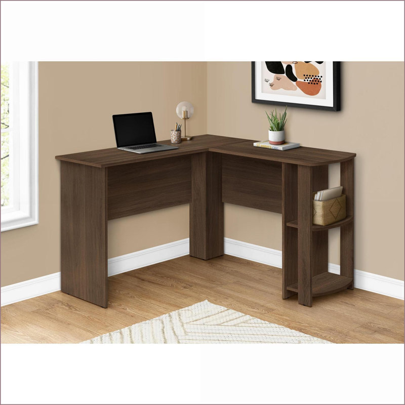 Bureaux, bureau d'ordinateur en L avec rangement, L 48 po, contemporain moderne, noyer | Panneau de particules, Brun