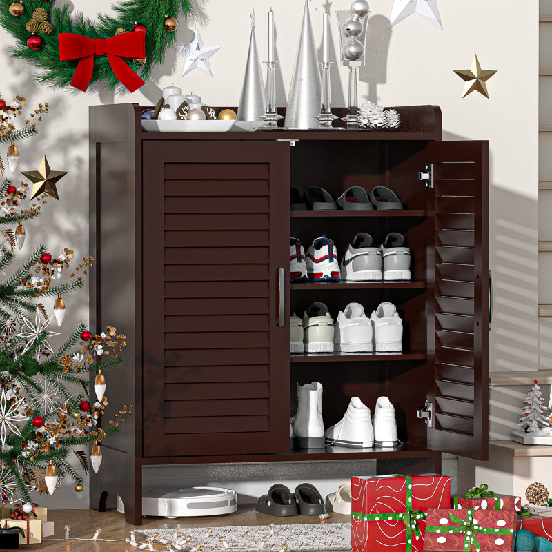 Shoe Cabinet With Breathable Door, Farmhouse Large 4-tier Shoe Storage Cabinet With Adjustable Shelves, Shoes Rack Organizer Cabinet For Entryway, Foyer, Closet