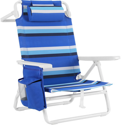 Wide 25" Low Backpack Beach Chair With 5 Position Lay Flat & Metal Handle, PVC-coated polyester Folding Beach Chair For Adults With Cooler Pouch, Storage Bag, Towel Bar, Foot Mat, For Camping, 350Lbs(Blue And White Stripes)